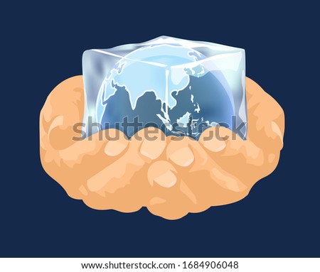 Planet earth in human hands, frozen inside an ice cube, vector illustration