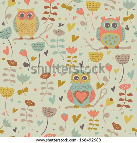 Cute seamless background with flowers and owls in cartoon style.