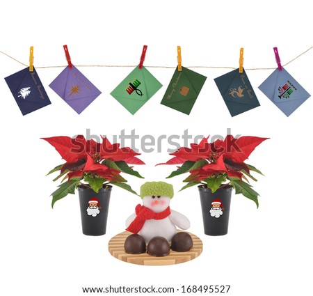 Kwanzaa and Christmas Cards Hanging (Seasons Greetings, Happy Kwanzaa, Joy to the World, Merry Christmas) by Clothespin Poinsettia Snowman Chocolate Bonbons