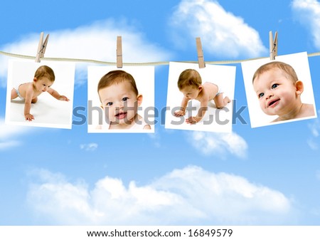 Photos of an adorable baby hanging on a clothes line against a cloudy sky