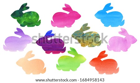 Cute rabbit silhouettes. Easter Bunny. Set of multi-colored hand-drawn watercolor rabbits. Bright backgrounds for Easter, decoration, text, greetings