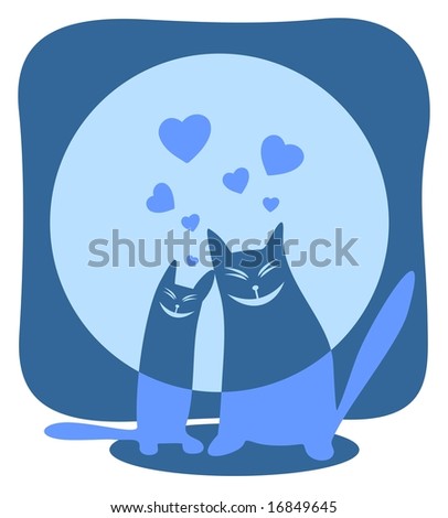 Two enamored  cats on a moon background. Valentines illustration.