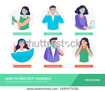 Coronavirus disease protection tips. Infographic with preventions. Set of isolated vector illustration in cartoon flat style.