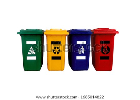 set of plastic bins.Green,Yellow blue and red. Colored waste bins.General ,Compostable,Recycle and Hazardous waste.