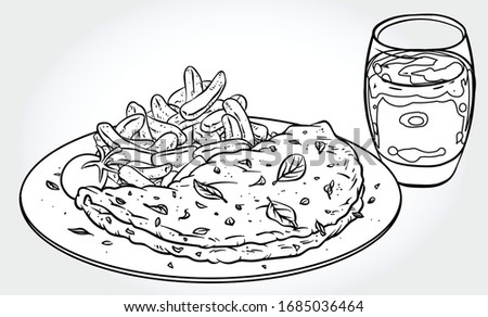 Black and white vector illustration of an omelette with herbs and fries on a plate with orange juice.