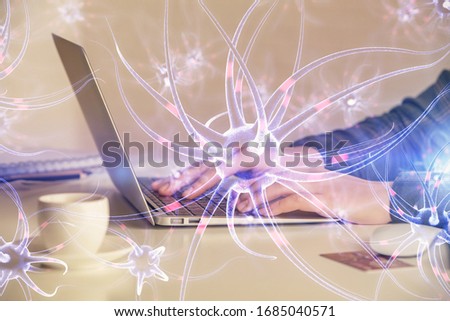 Double exposure of woman hands typing on computer and neuron drawing. Education concept.
