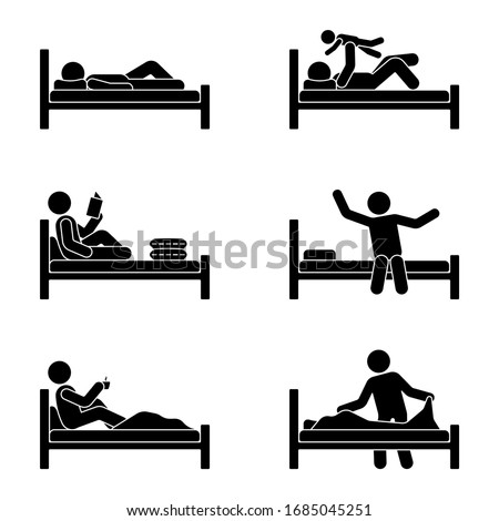 Stick figure man lying in bed, reading book, drinking coffee, playing with kid, stretching, making bed vector illustration pictogram set Royalty-Free Stock Photo #1685045251