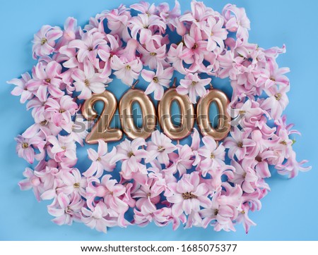 2000 followers card. Template for social networks, blogs. Background with pink flower petals. Social media celebration banner. 2k online community fans. 2 two thousand subscriber