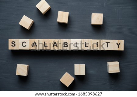 Modern business buzzword - scalability. Top view on wooden table with blocks. Top view. Close up. Royalty-Free Stock Photo #1685098627