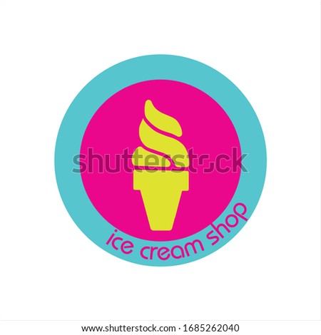 The logo of the ice cream shop. Illustration of cone shaped ice cream in blue and pink circles. It is suitable to be used as the identity of an ice cream shop.