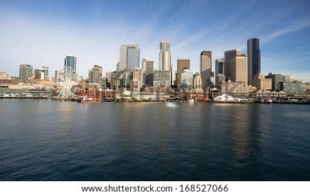 Infrastructure, Buildings, and waterfront attractions Elliott Bay Seattle Downtown Skyline