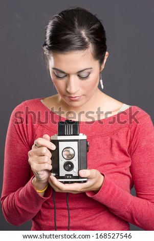 Vintage Photographer Attractive Woman Holding Camera Waist Finder