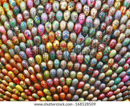 Composition of a variety of Easter eggs with pictures of religious subjects