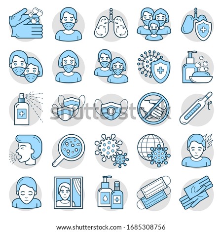A set of icons related to the prevention of viral diseases. A collection of simple medical icons. Protection from coronavirus. Flat line style infographics. Stopping the corona virus Royalty-Free Stock Photo #1685308756
