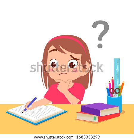 cute little kid girl confused do homework Royalty-Free Stock Photo #1685333299