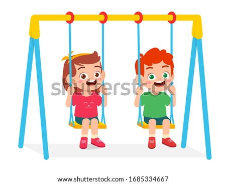 happy cute little kid boy and girl play swing Royalty-Free Stock Photo #1685334667