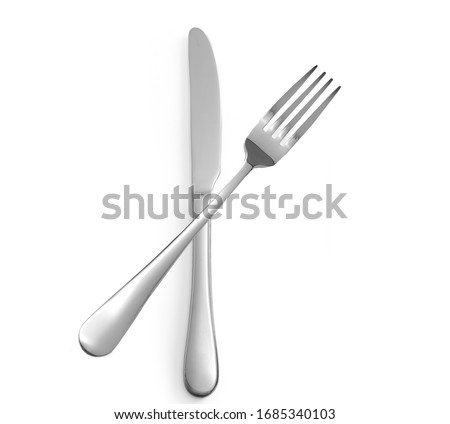 Title: Fork and knife isolated on white background top view

 Royalty-Free Stock Photo #1685340103