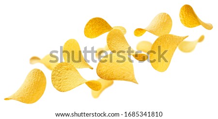 Flying delicious potato chips, isolated on white background Royalty-Free Stock Photo #1685341810