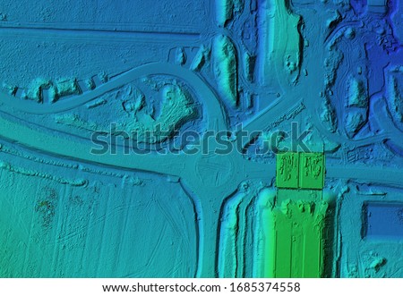 Digital elevation model. GIS product made after proccesing aerial pictures taken from a drone. It shows construction site of a roundabout and traffic cord  Royalty-Free Stock Photo #1685374558