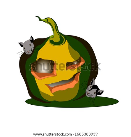 Halloween pumpkin with crazy eyes. Green and yellow with a black outline, green shadow. The pumpkin is decorated with the heads of gray mice.