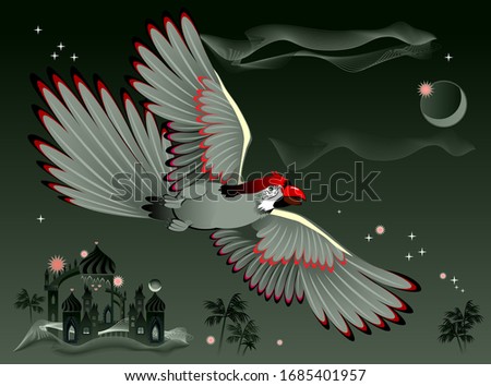 Illustration of fantastic parrot flying at night in oriental environment. Cover for children fairy tale book. Poster for travel company. Imaginary fairyland medieval eastern landscape. Modern print. Royalty-Free Stock Photo #1685401957