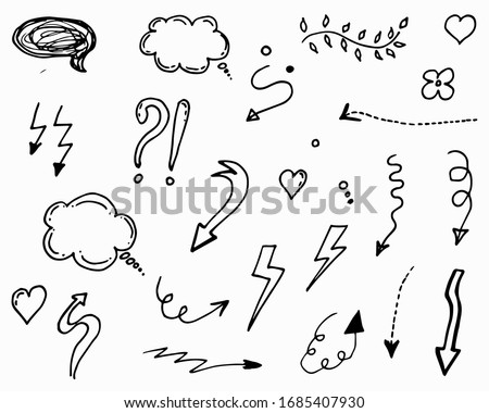 Big set of doodle vector arrow, chat icons, heart and thinking cloud icons. Isolated. Hand drawn collection of elements for design