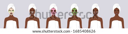 A set of six Vector stock flat illustrations for face care. A young African girl wrapped in a white towel, with a white towel on her head with various types of cosmetic masks on her face. 
