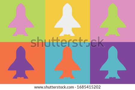 Pop art style rocket vector pattern on multiple and repeated colorful psychedelic background.