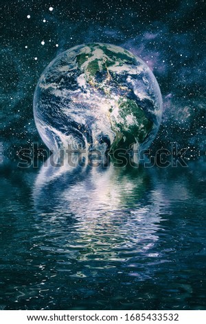 Our planet is earth in space, reflected in water. Beautiful unusual space . This image elements furnished by NASA