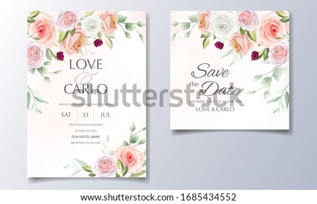 Wedding invitation card template set with beautiful rose and leaves