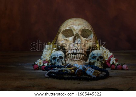 The skull on the old altar which has dim light