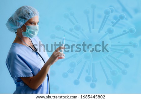 Vakcina, injekce, sestra, rouska --- Corona virus - Ilustration picture , doctor wearing a mask, Prevention of bacterial infection Corona virus or Covid 19, blue graphic backgound