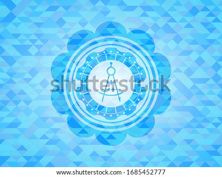 drawing compass icon inside light blue emblem with mosaic background
