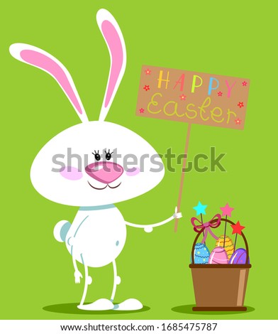 Happy Easter card. Cute white bunny and eggs cartoon characters illustrations. Vector illustration.
