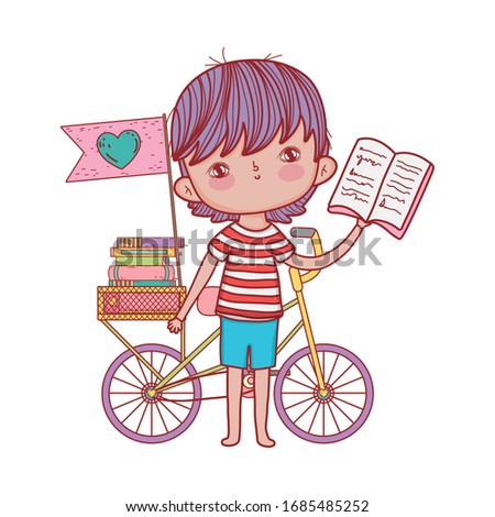 cute boy reading book with bicycle stacked books flag isolated design vector illustration