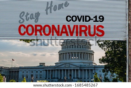 United States Capitol Building with a Old grunge weathered and dirty steel metal roller shutter door with Stay home due to coronavirus lockdown message. USA shutdown and coronavirus or covid-19 crisis Royalty-Free Stock Photo #1685485267