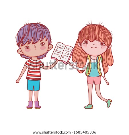 little girl with backpack and boy reading book cartoon vector illustration