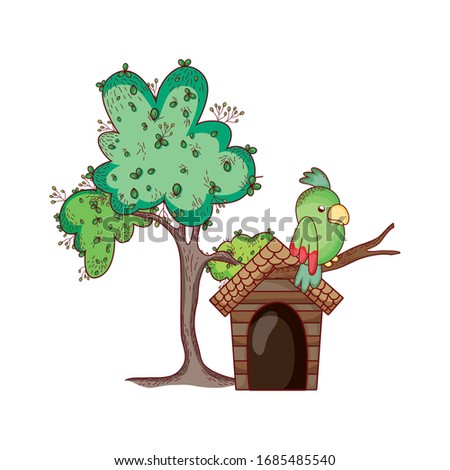 cute animals, parrots in branch tree house cartoon isolated icon design vector illustration
