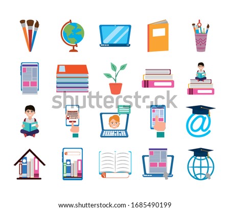 home education school learn supplies icons set vector illustration flat style icon