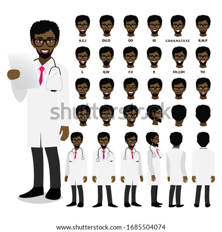 Cartoon character with an African American professional male doctor in a smart uniform for animation. Front, side, back, 3-4 view character. Separate parts of the body. Flat vector illustration.