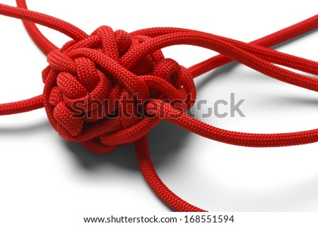 Red Rope in A Tangled Mess Isolated on White Background. Royalty-Free Stock Photo #168551594