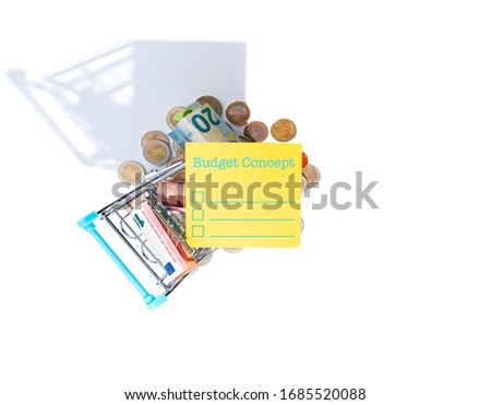 The shopping cart with money and Conceptual photo of correlation between theme of Budget Concept. Selectively focused.