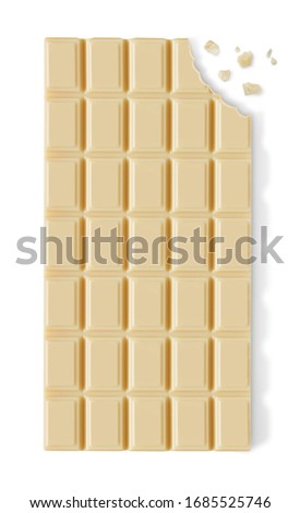 Chocolate bar with a missing bite on white background