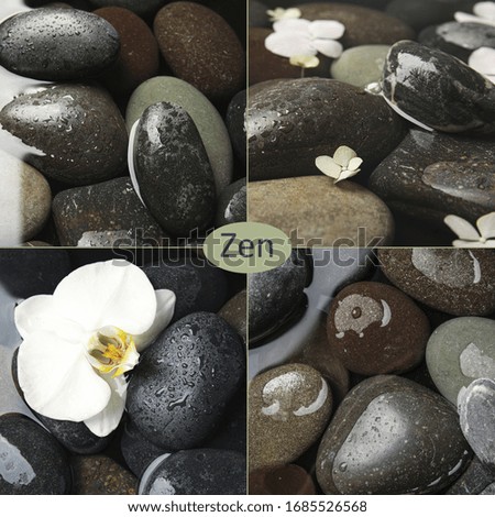 Collage with photos of stones in water. Zen and harmony