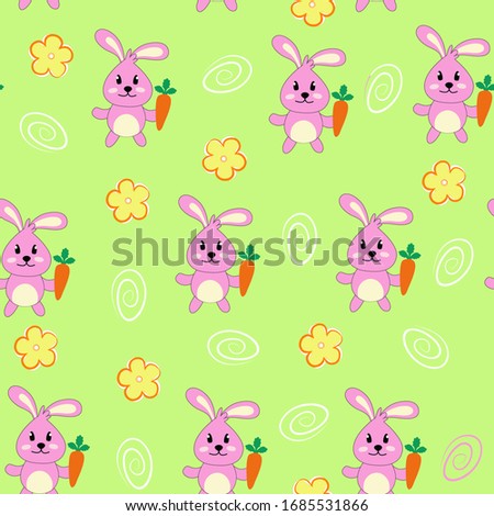 Rabbit, bunny, carrot, flowers, hand-drawn colored background. Colorful background with animals. Decorative cute wallpaper. Endless texture for your design, greeting cards, announcements, posters, tex
