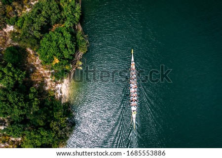 Overhead view of dragonboat on the lake