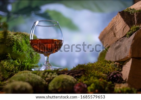 cognac or brandy into a glass against the backdrop of nature trees and sunset. firewood moss nature. wood. evening drinking in nature. close up