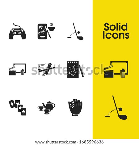 Hobby icons set with game console, playing cards and tee elements. Set of hobby icons and porcelain concept. Editable vector elements for logo app UI design.
