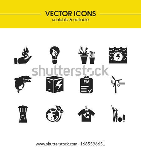 Ecology icons set with eco bulb, wind turbine and dolphin elements. Set of ecology icons and earth concept. Editable vector elements for logo app UI design.