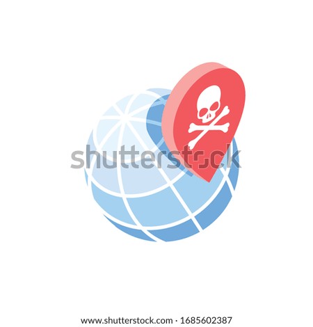Map label danger epidemic globe world. Vector 3d isometric, color web icon, new flat style. Creative illustration design, isolated graphic idea for infographics.